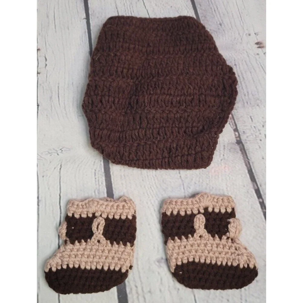 Crocheted Newborn Diaper Cover with Matching Crocheted Booties Brown & Beige